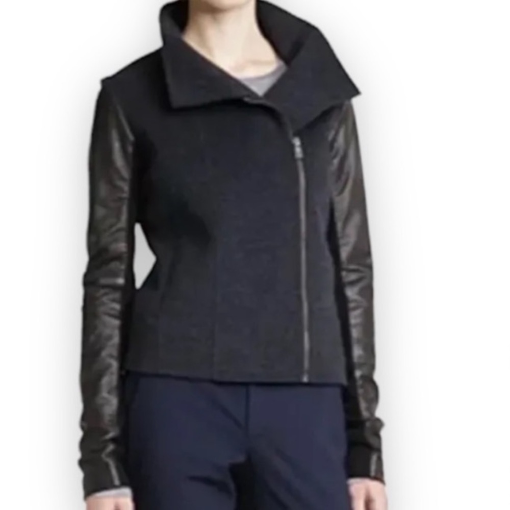 Vince Gray Wool Leather Sleeve Asymmetrical Moto Jacket Small